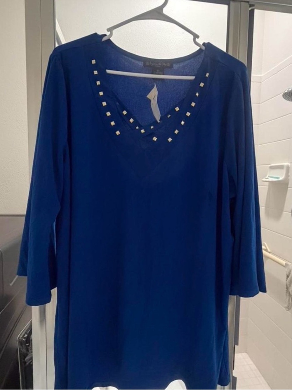 Women's Blue V-Neck Stud Embellished Top